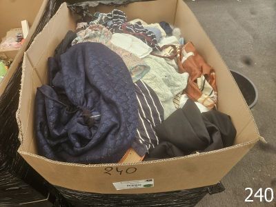 une boîte en carton remplie de vêtements, posée dans la rue