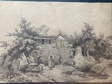an old drawing of a farm scene with a man and a woman