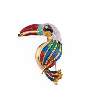 Clip toucan en or, émail et diamants, Italie - Photo 1