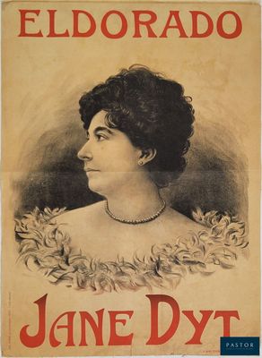 une vieille affiche représentant une femme vêtue d'une robe à fleurs