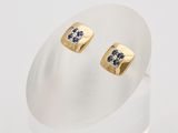 a close up of a pair of gold and black diamond stud earrings