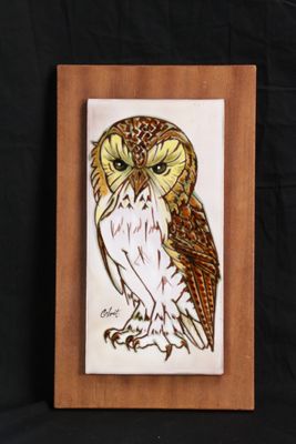 tableau représentant un hibou sur fond noir, dans un cadre en bois