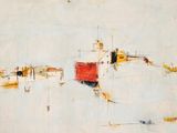 une peinture abstraite représentant un bateau rouge sur un plan d'eau