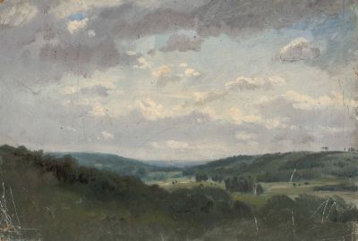 painting of a view of a valley with trees and hills in the distance