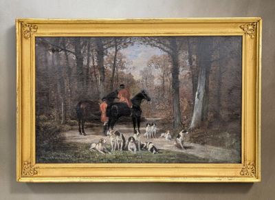 a painting of a man riding a horse with a group of dogs in the background