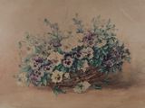 une peinture représentant un panier de fleurs sur une table