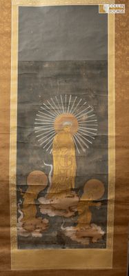 peinture chinoise sur rouleau représentant un Bouddha doré entouré d'autres bouddhas