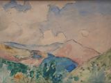 a watercolor painting of a mountain with a lake in the foreground