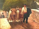 a painting of a man walking two cows down the street