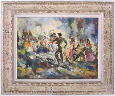 une peinture à l'huile représentant un groupe de personnes dansant dans la rue