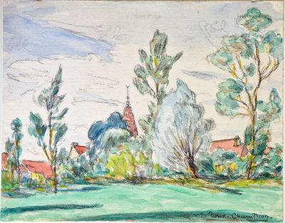 peinture représentant un paysage avec des arbres et une église au loin