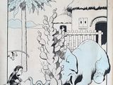 un dessin représentant un éléphant et un homme jouant avec un singe