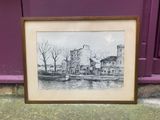drawing of a boat in front of a building on a purple wall