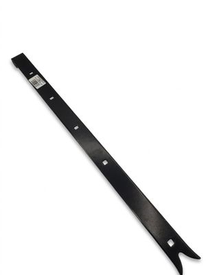 a close up of a black metal blade on a white background