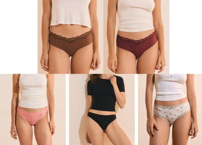Quatre types différents de sous-vêtements féminins sont présentés dans une grande variété de couleurs