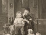 painting of a woman and child sitting on a chair with a dog