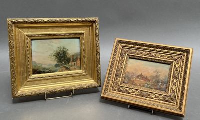 pair of 19th century french oil paintings of a landscape and figures