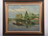 une peinture à l'huile représentant un bateau sur une rivière avec des arbres en arrière-plan