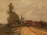 tableau représentant une route de campagne avec une église au loin
