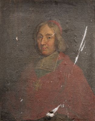 un vieux tableau représentant un homme vêtu d'une cape rouge, tenant un oiseau dans la main
