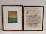 two framed drawings of a boat and a sailboat on the water