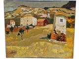 une peinture à l'huile représentant une scène rurale avec des maisons et des arbres
