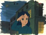 an animation image of a woman in a blue shirt looking at a building