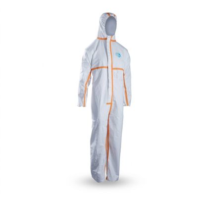 a white and orange coverall with a hood on it