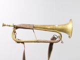 a brass trumpet that is hanging on a wall