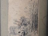 drawing of a house in a wooded area with trees in the foreground