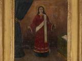 an oil painting of a woman in a red dress holding a candle