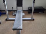 un banc au milieu d'une salle de sport, avec vue sur l'extérieur