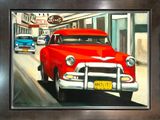 painting of a red classic car driving down the street in front of a diner