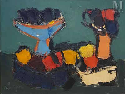 un tableau représentant un vase et un bol posés sur une table