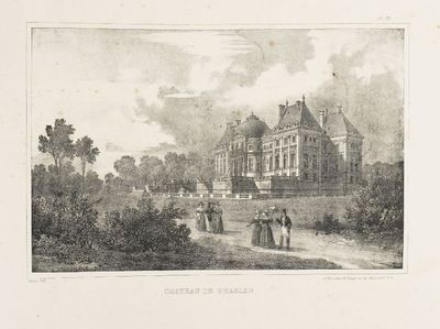 dessin représentant un grand bâtiment devant lequel se tiennent des personnes