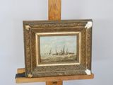 an oil painting of a ship on a wooden easel with a white background