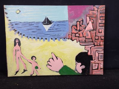 un tableau représentant des personnes sur la plage, avec un bateau en arrière-plan