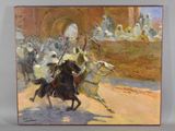 une peinture à l'huile représentant un homme à cheval devant une foule de gens