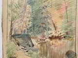 drawing of a car in a wooded area with trees in the background