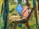 an oil painting of a woman sitting in a chair in front of a window