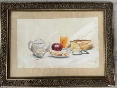 une photo d'une peinture représentant une nature morte avec du pain, des fruits et une théière