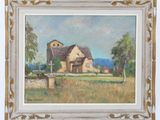 une peinture à l'huile représentant une scène de ferme avec une grange en arrière-plan