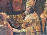 an old painting of a man in a crown and a woman in a red dress