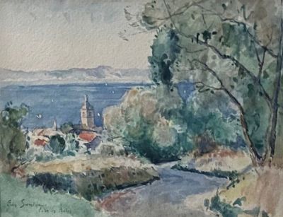 a watercolor painting of a view of a town by the water