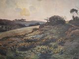une peinture à l'huile représentant un paysage avec un champ de fleurs jaunes