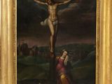an oil painting of jesus on the cross with a woman kneeling next to him