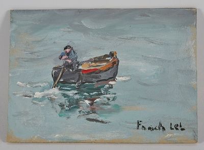 une peinture représentant un homme dans un bateau sur l'eau