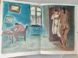 dessin représentant une femme debout devant un miroir dans une pièce