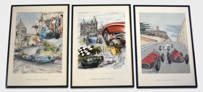 three framed pictures of racing cars on display in a room