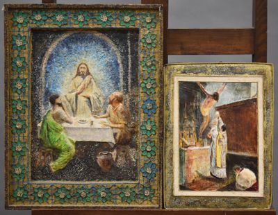 two framed paintings of jesus and a woman sitting at a table